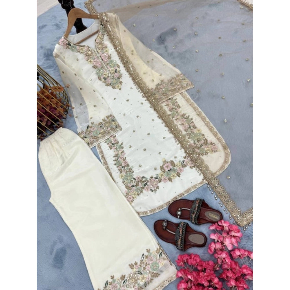 Women's White Silk Embroidered Kurti with Palazzo & Dupatta Set