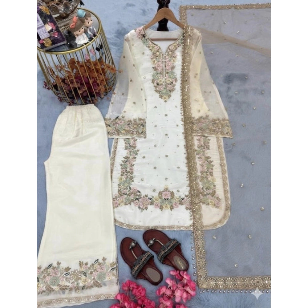 Women's White Silk Embroidered Kurti with Palazzo & Dupatta Set