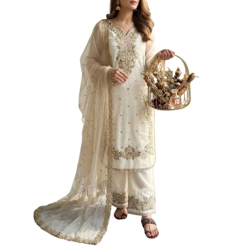 Women's White Silk Embroidered Kurti with Palazzo & Dupatta Set