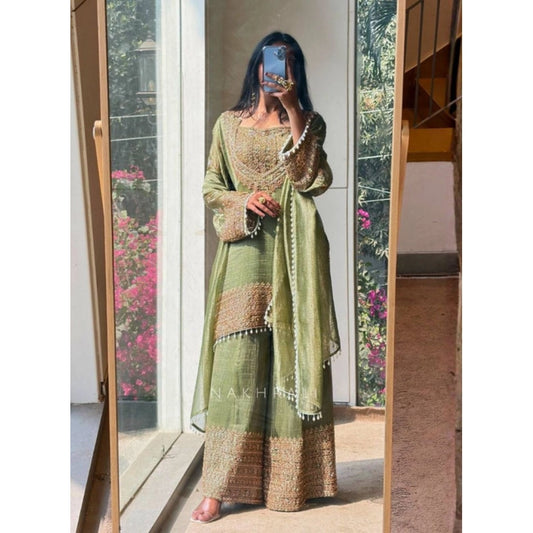 Women's Green Silk Embroidered Kurti with Sharara & Dupatta Set
