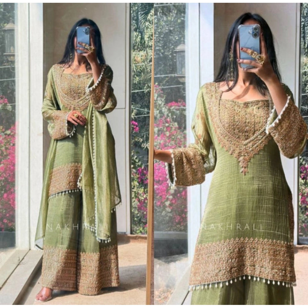 Women's Green Silk Embroidered Kurti with Sharara & Dupatta Set