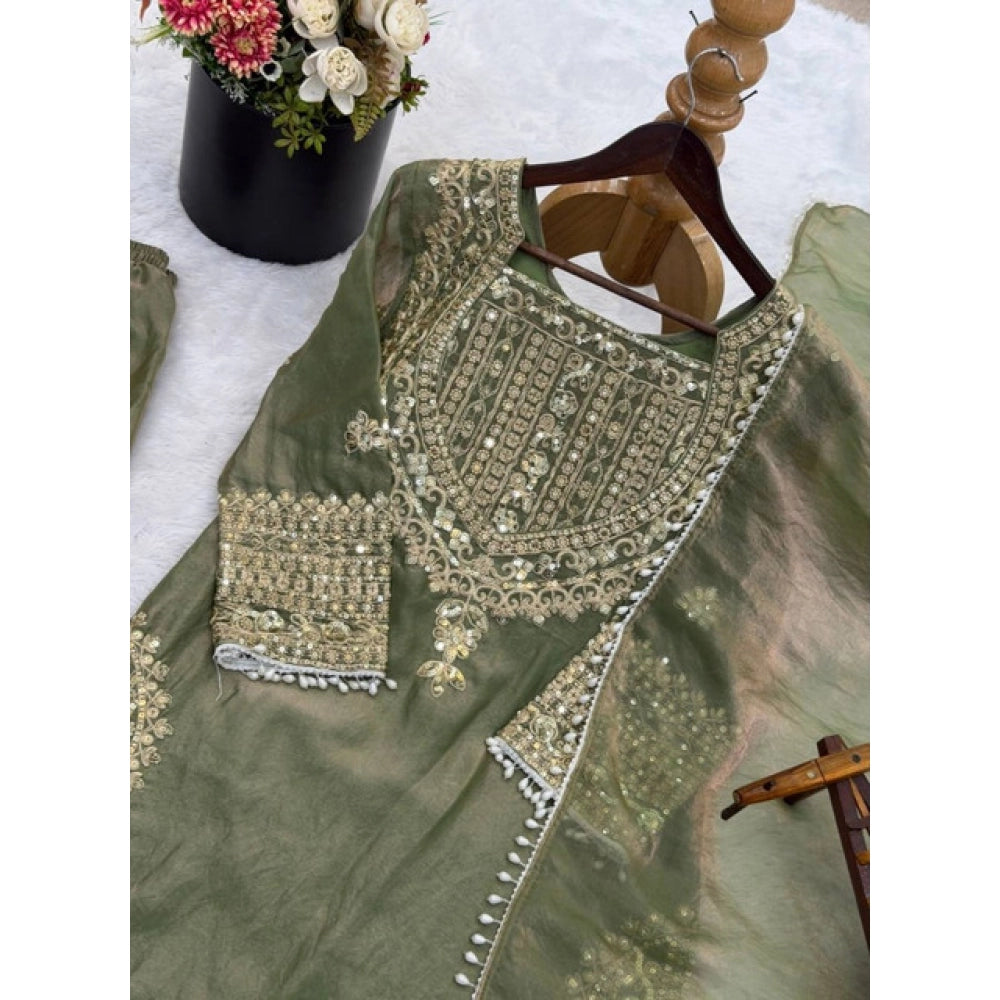 Women's Green Silk Embroidered Kurti with Sharara & Dupatta Set