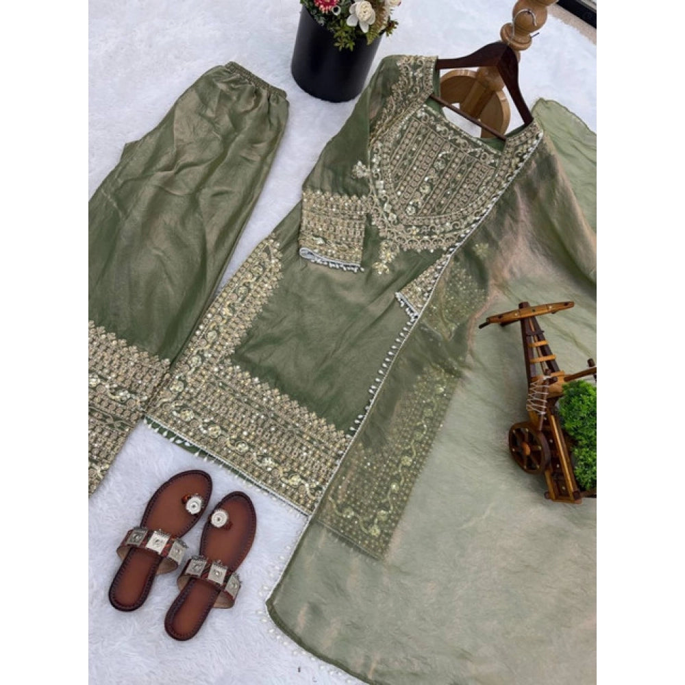 Women's Green Silk Embroidered Kurti with Sharara & Dupatta Set