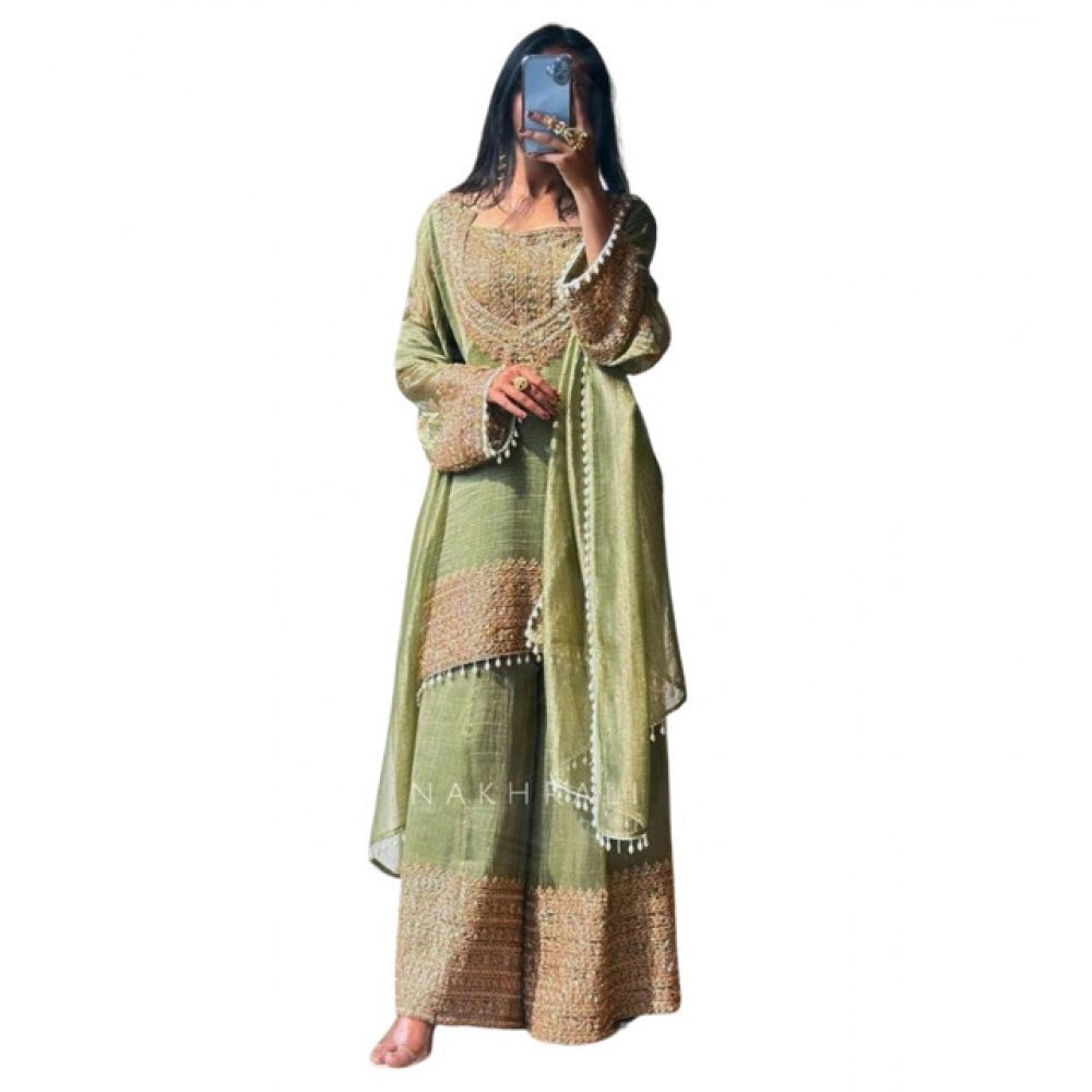 Women's Green Silk Embroidered Kurti with Sharara & Dupatta Set