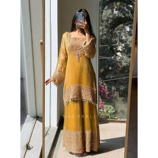 Women's Yellow Silk Embroidered Kurti with Sharara & Dupatta Set