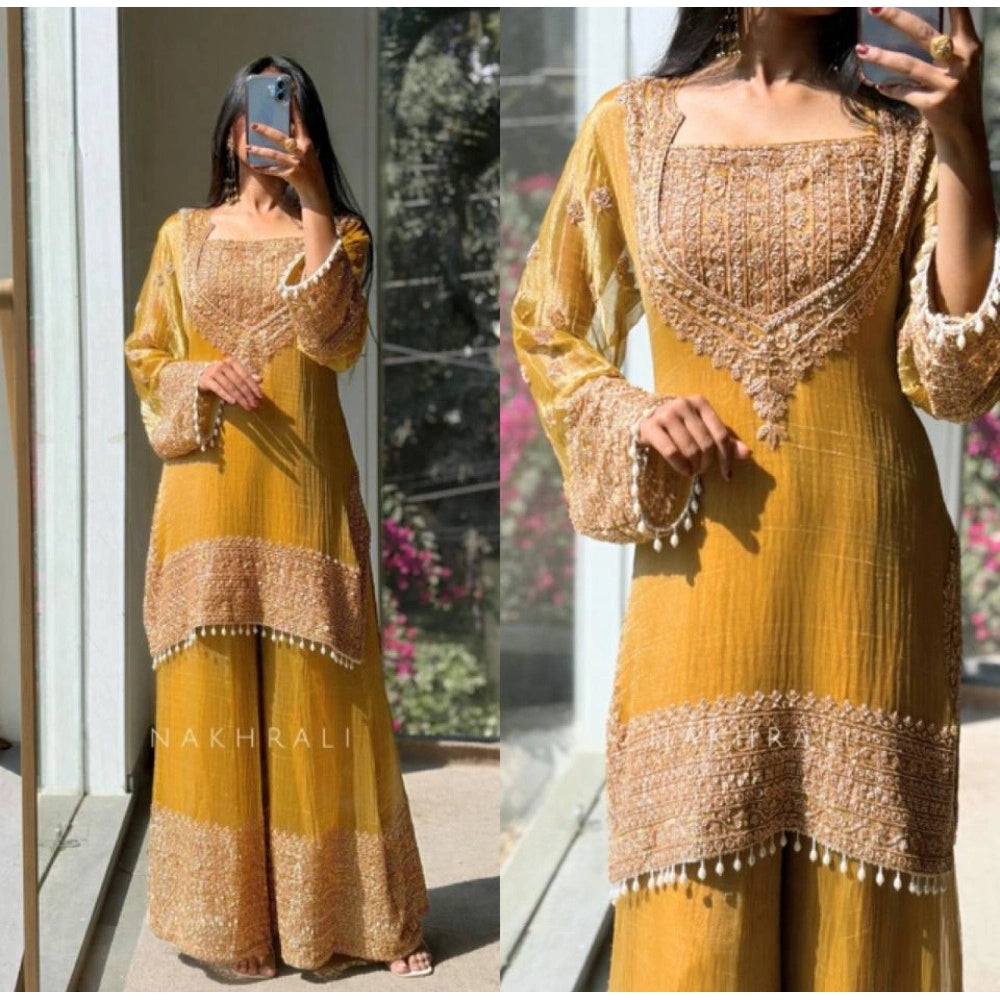 Women's Yellow Silk Embroidered Kurti with Sharara & Dupatta Set