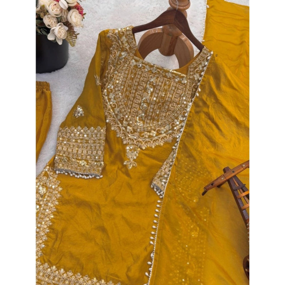 Women's Yellow Silk Embroidered Kurti with Sharara & Dupatta Set