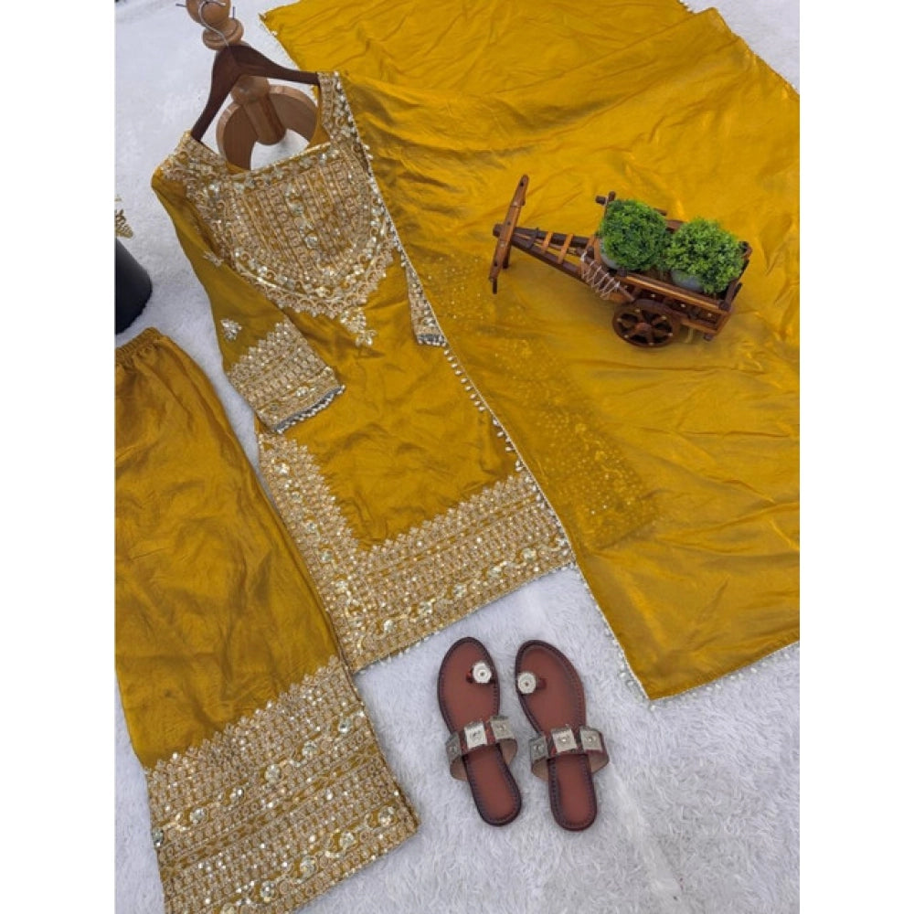 Women's Yellow Silk Embroidered Kurti with Sharara & Dupatta Set