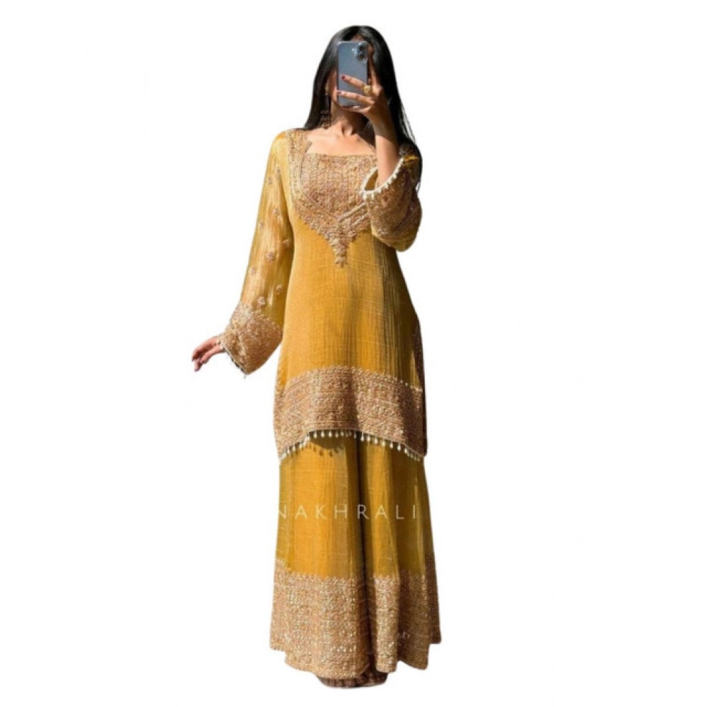 Women's Yellow Silk Embroidered Kurti with Sharara & Dupatta Set