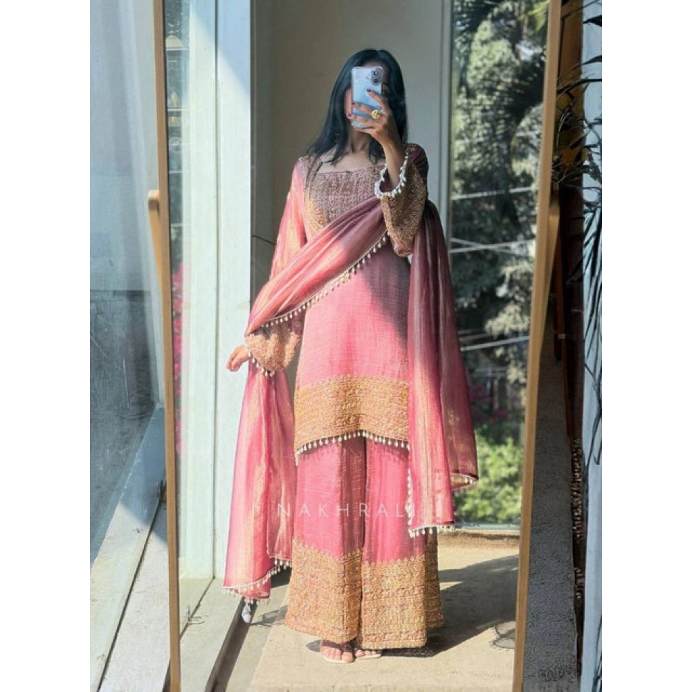 Women's Pink Silk Embroidered Kurti with Sharara & Dupatta Set