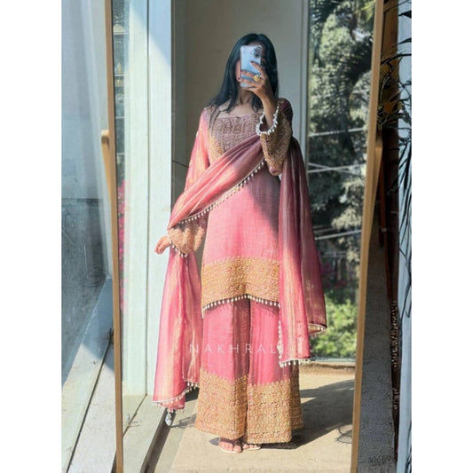 Women's Pink Silk Embroidered Kurti with Sharara & Dupatta Set