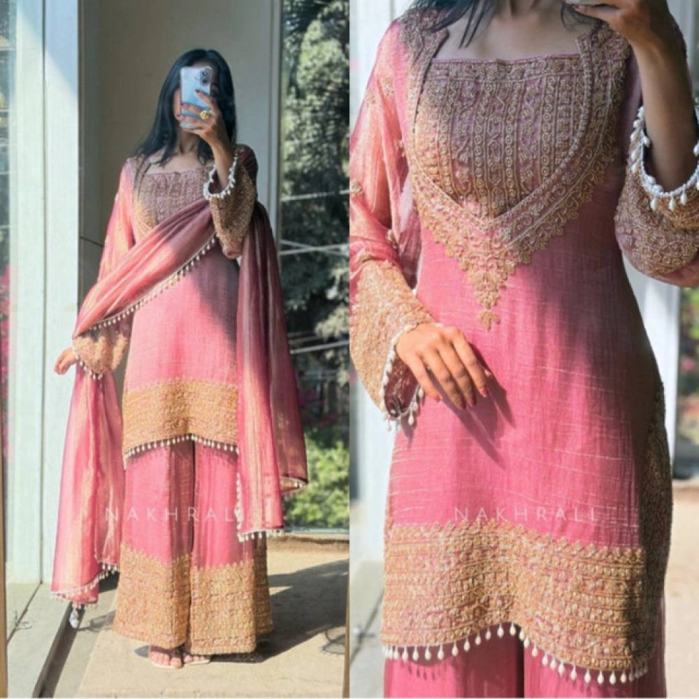 Women's Pink Silk Embroidered Kurti with Sharara & Dupatta Set