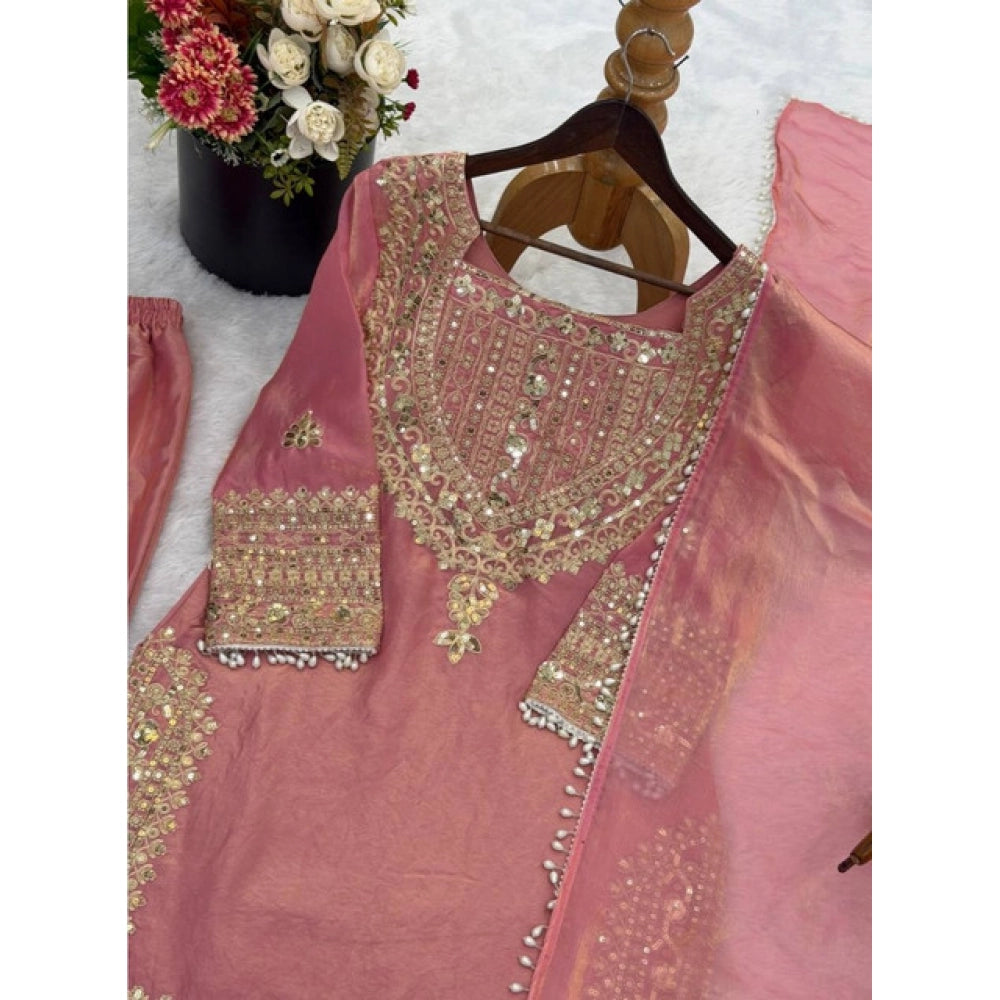 Women's Pink Silk Embroidered Kurti with Sharara & Dupatta Set