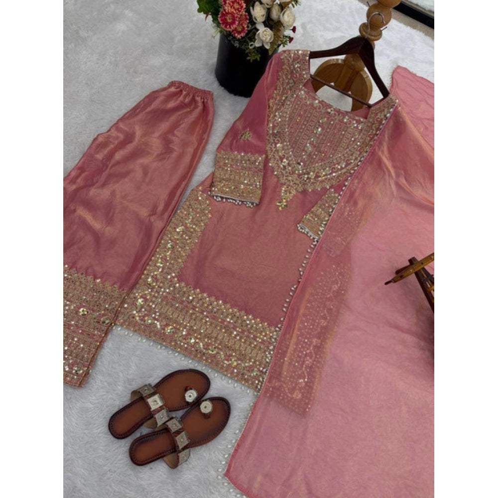 Women's Pink Silk Embroidered Kurti with Sharara & Dupatta Set
