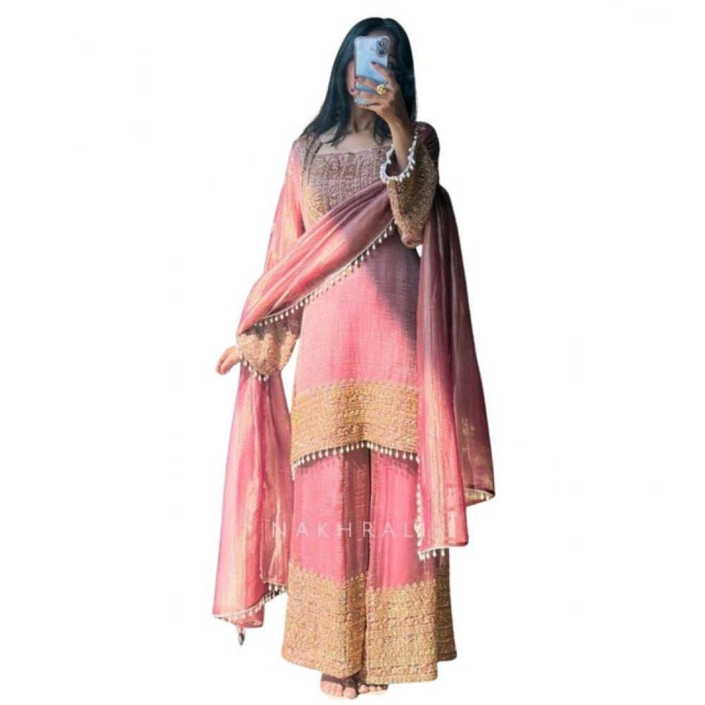 Women's Pink Silk Embroidered Kurti with Sharara & Dupatta Set
