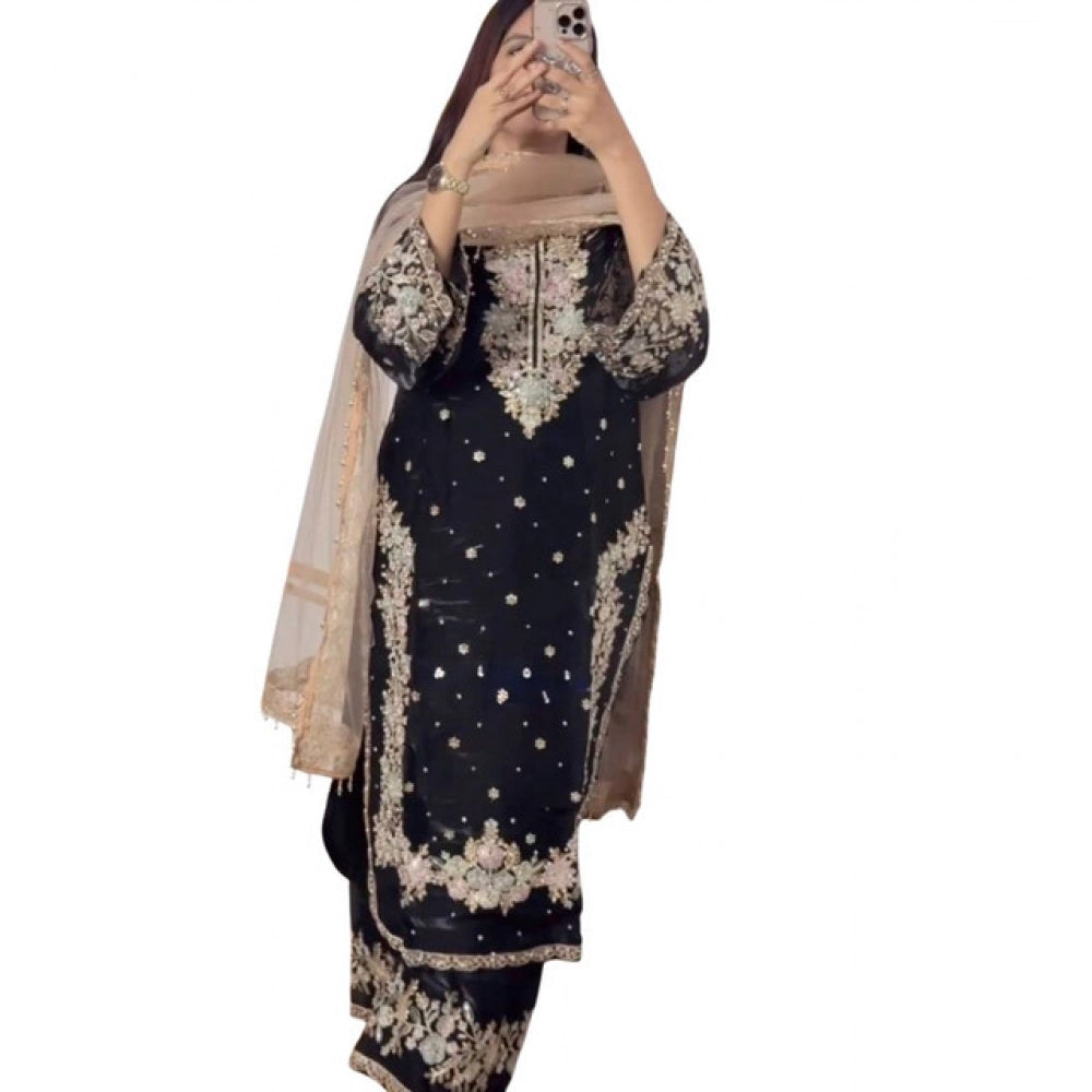 Women's Black Silk Embroidered Kurti with Palazzo & Dupatta Set