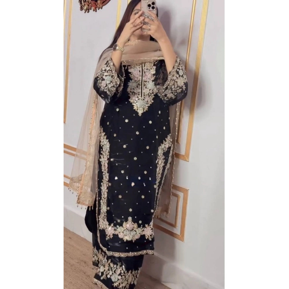 Women's Black Silk Embroidered Kurti with Palazzo & Dupatta Set