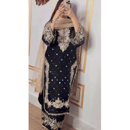 Women's Black Silk Embroidered Kurti with Palazzo & Dupatta Set