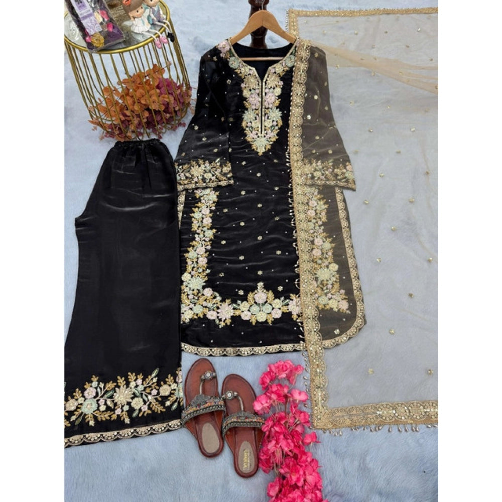 Women's Black Silk Embroidered Kurti with Palazzo & Dupatta Set
