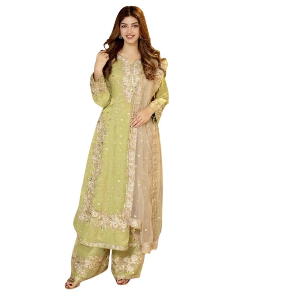Women's Pista Silk Embroidered Kurti with Palazzo & Dupatta Set