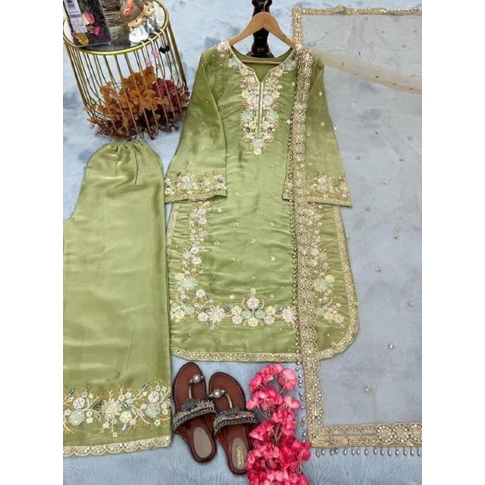 Women's Pista Silk Embroidered Kurti with Palazzo & Dupatta Set
