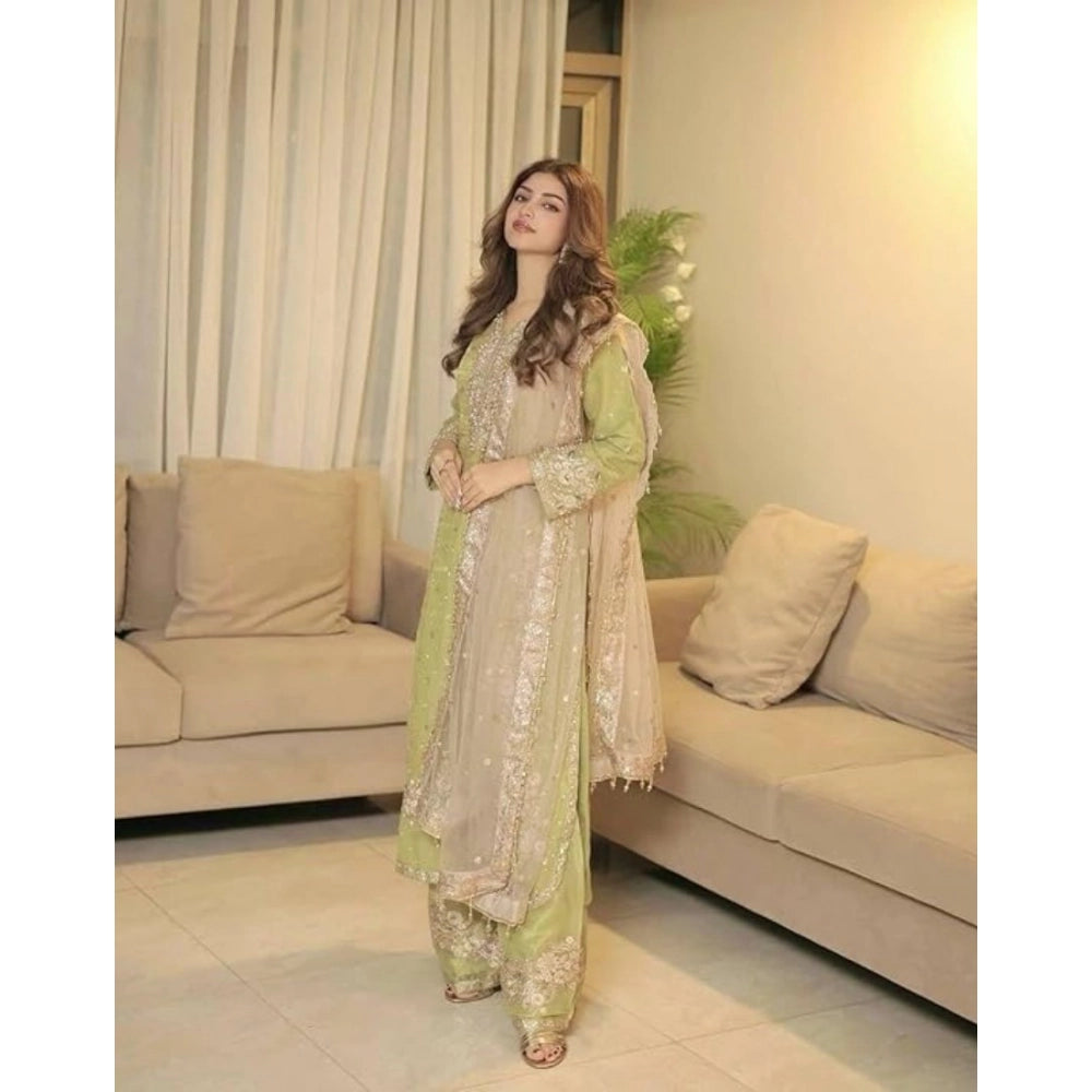 Women's Pista Silk Embroidered Kurti with Palazzo & Dupatta Set