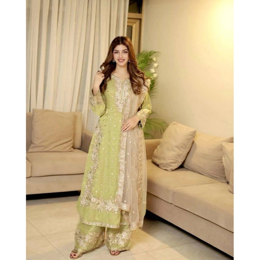 Women's Pista Silk Embroidered Kurti with Palazzo & Dupatta Set