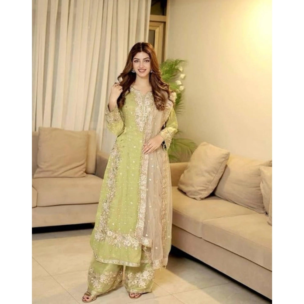 Women's Pista Silk Embroidered Kurti with Palazzo & Dupatta Set