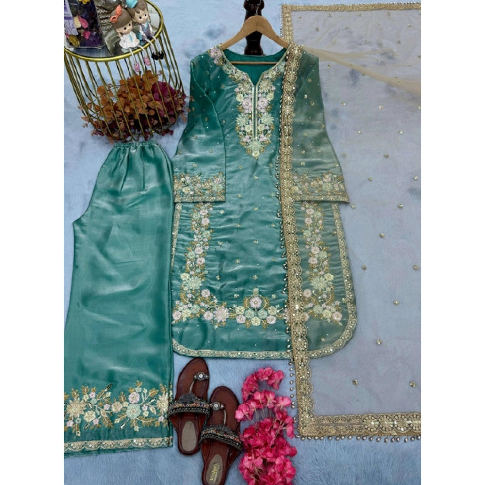 Women's Sea Green Silk Embroidered Kurti with Palazzo & Dupatta Set