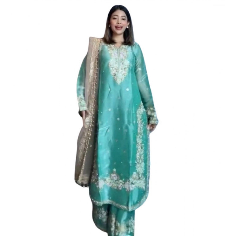 Women's Sea Green Silk Embroidered Kurti with Palazzo & Dupatta Set