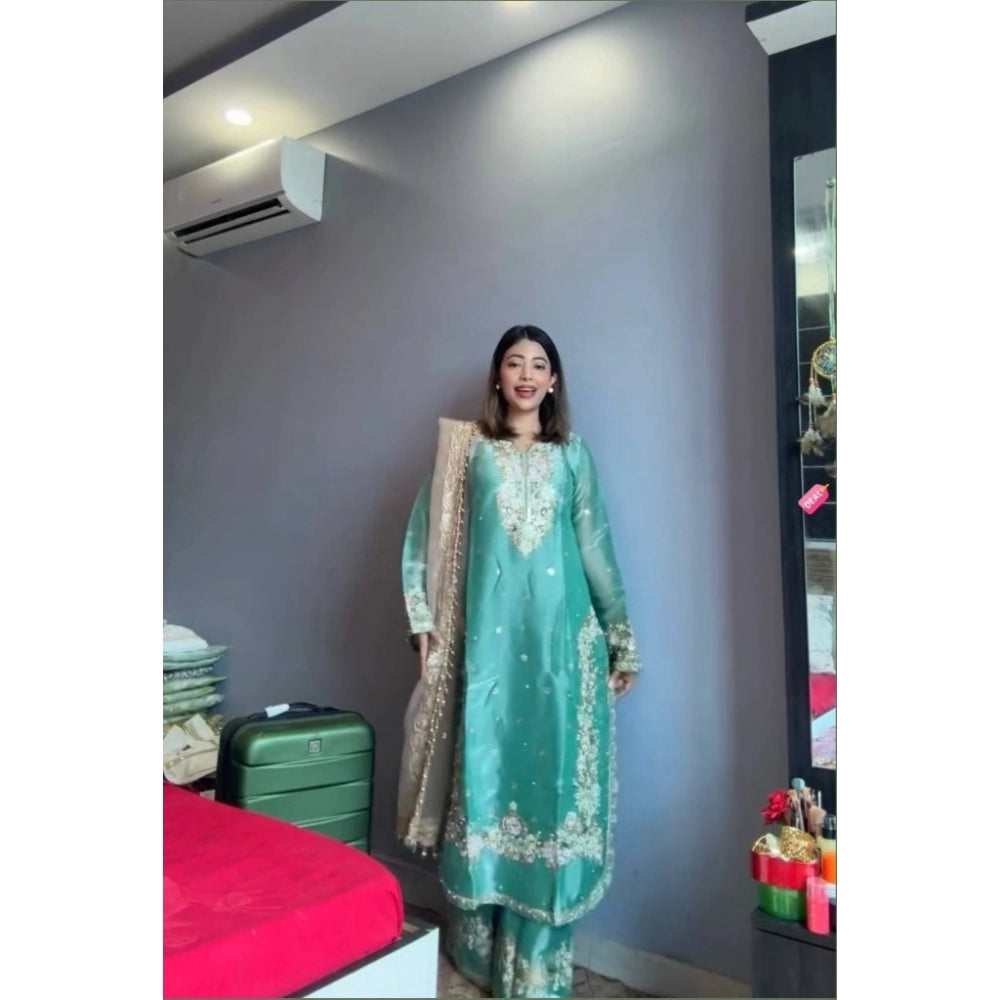 Women's Sea Green Silk Embroidered Kurti with Palazzo & Dupatta Set