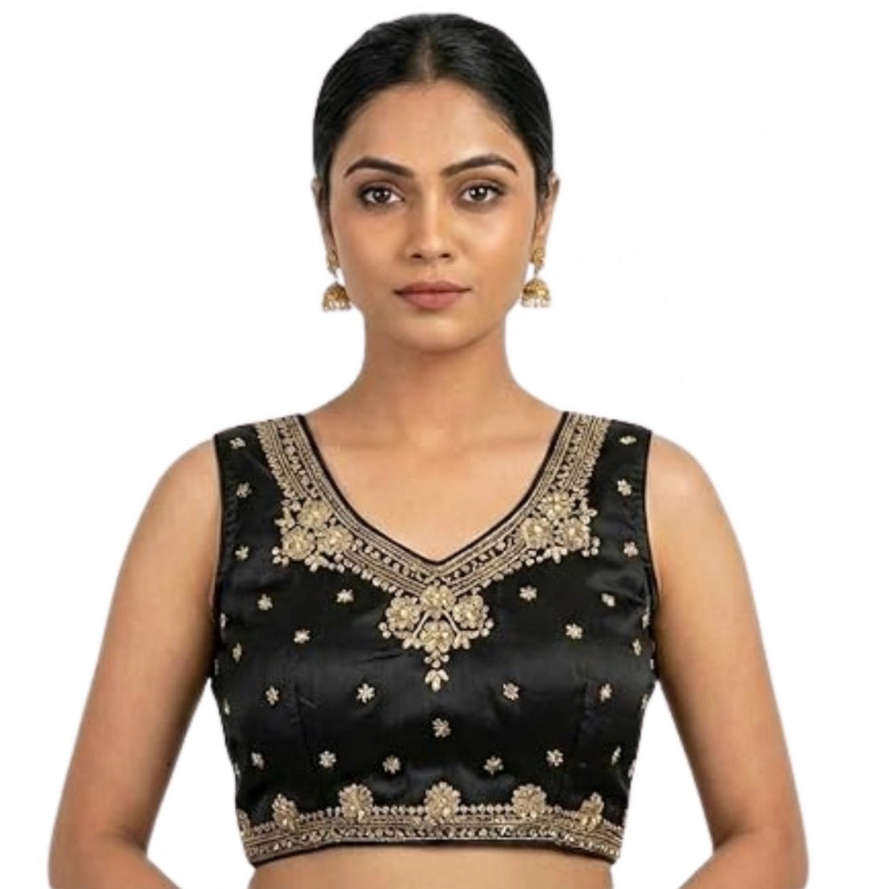 Generic Women's Silk Embroidered V-Neck Sleeveless Readymade Padded Blouse (Black, Size 38)