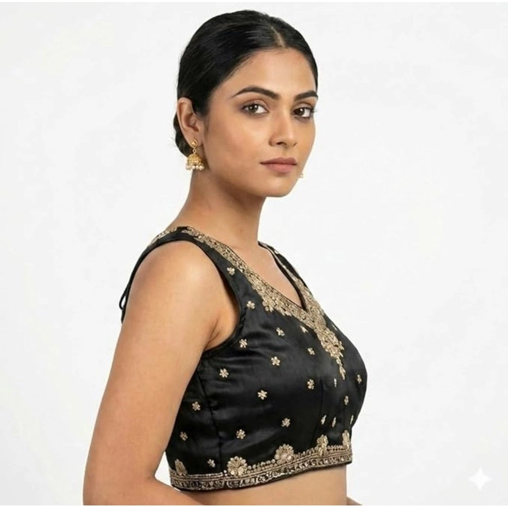 Generic Women's Silk Embroidered V-Neck Sleeveless Readymade Padded Blouse (Black, Size 38)