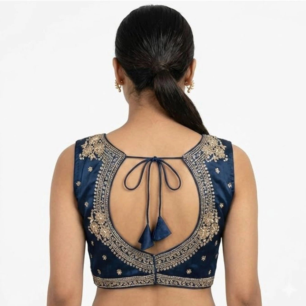 Generic Women's Silk Embroidered V-Neck Sleeveless Readymade Padded Blouse (Blue, Size 38)