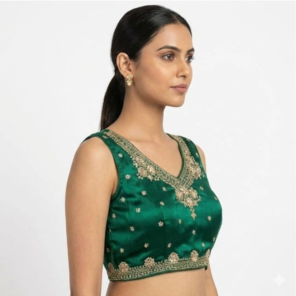 Generic Women's Silk Embroidered V-Neck Sleeveless Readymade Padded Blouse (Green, Size 38)