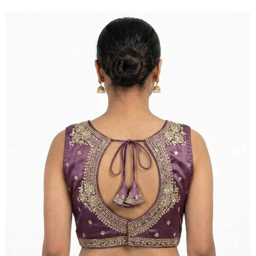 Generic Women's Silk Embroidered V-Neck Sleeveless Readymade Padded Blouse (Purple, Size 38)