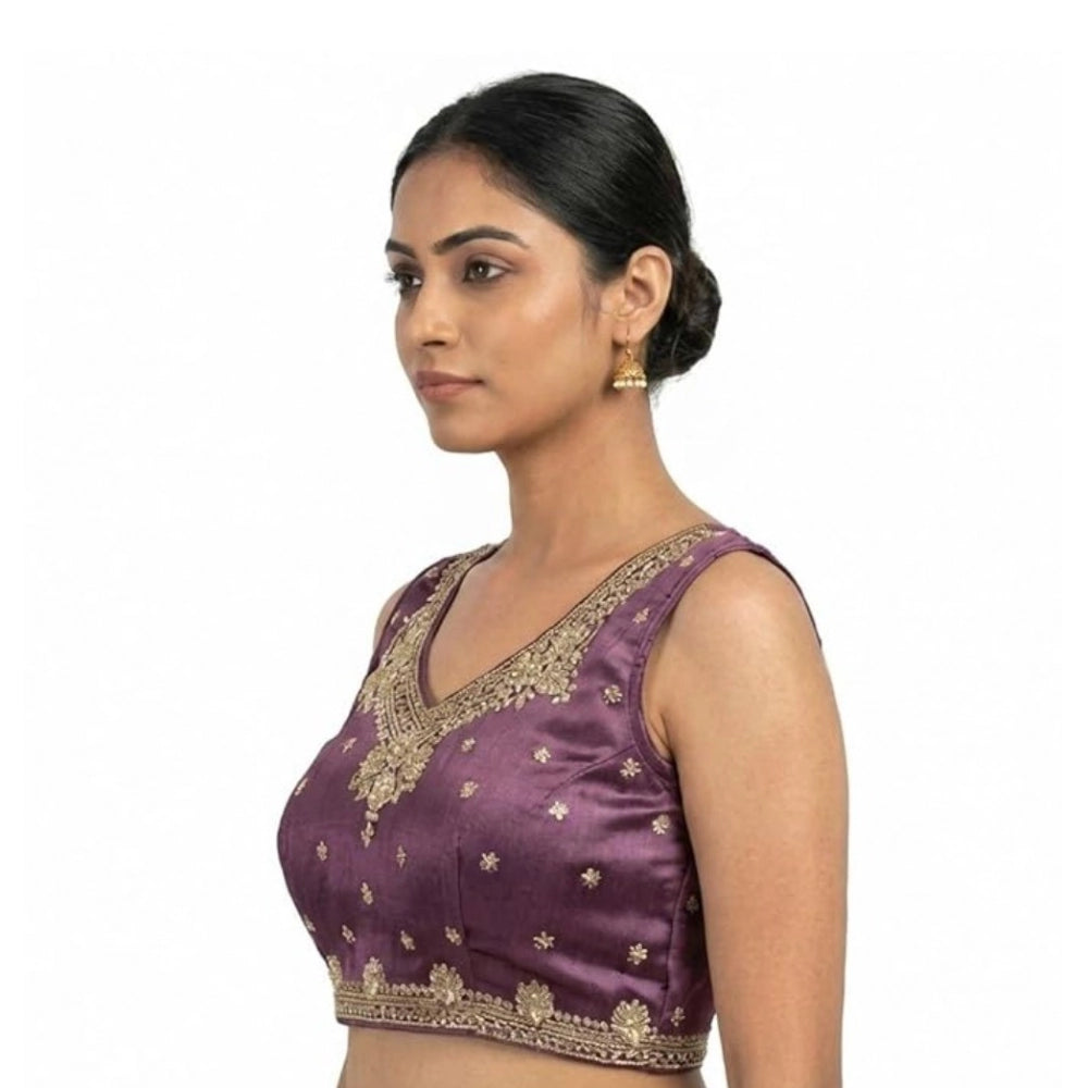 Generic Women's Silk Embroidered V-Neck Sleeveless Readymade Padded Blouse (Purple, Size 38)