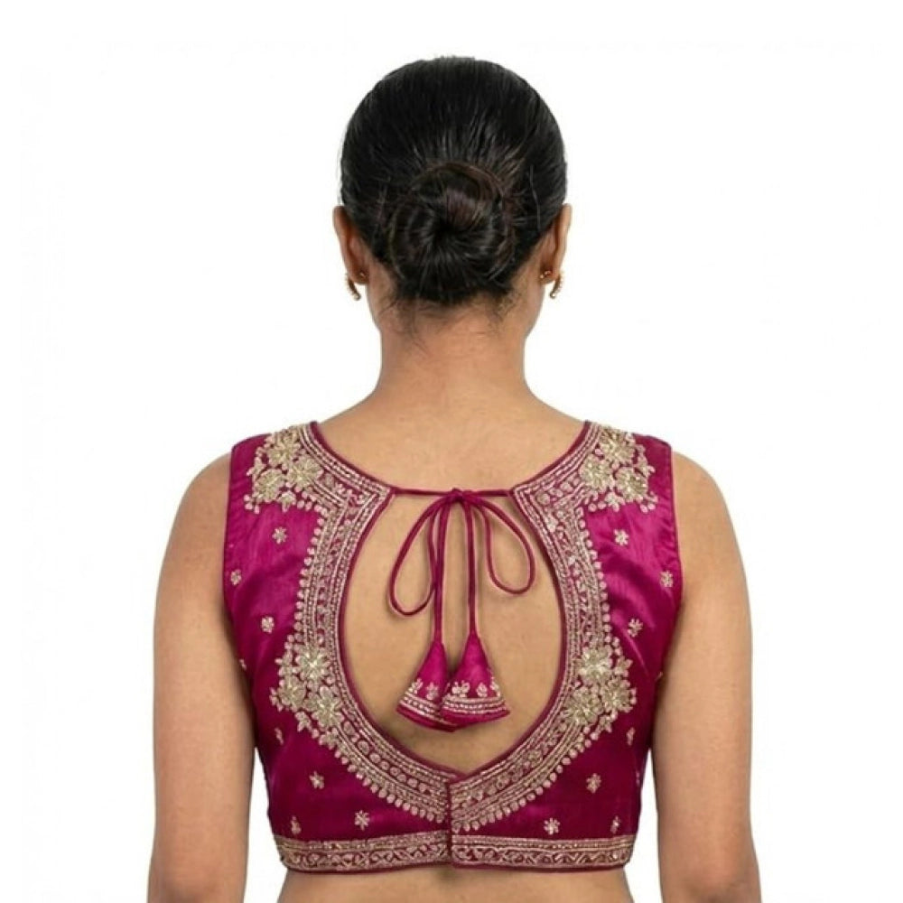 Generic Women's Silk Embroidered V-Neck Sleeveless Readymade Padded Blouse (Pink, Size 38)