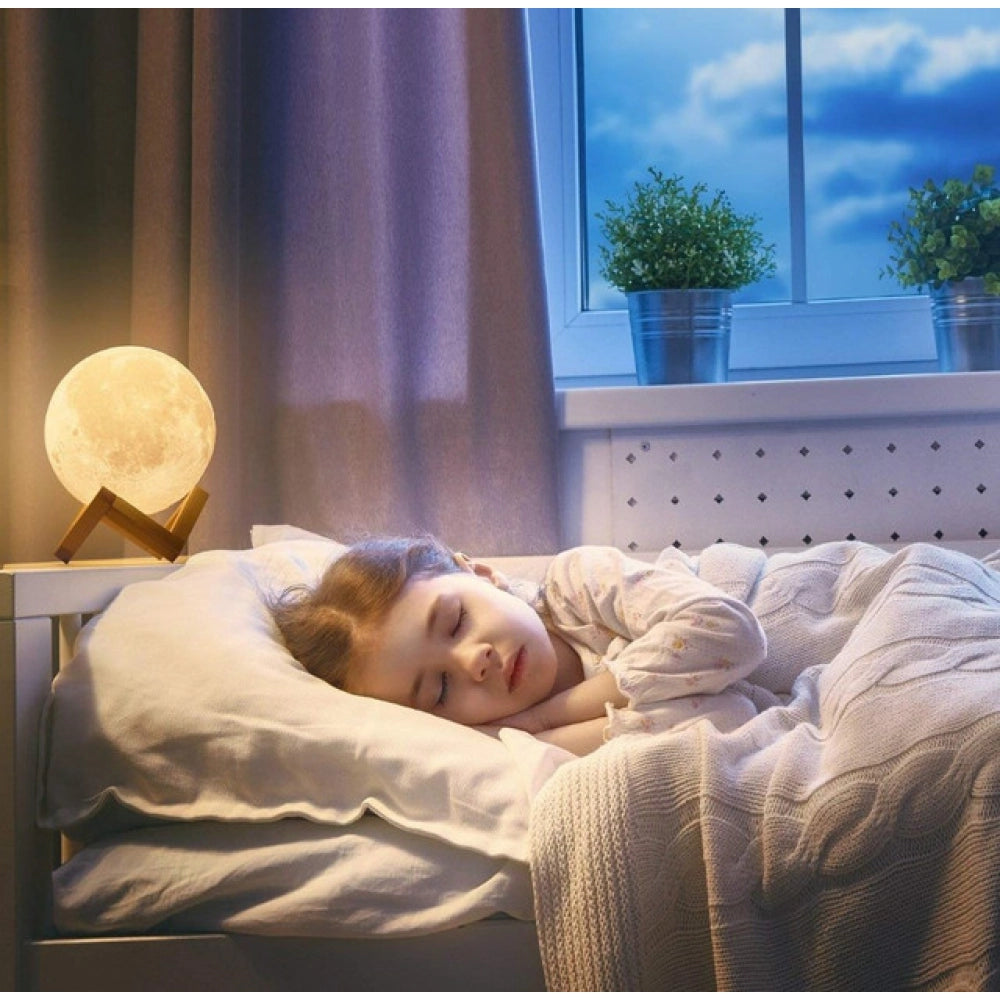 3D Moon Lamp with Wooden Stand – 7 Color Touch LED