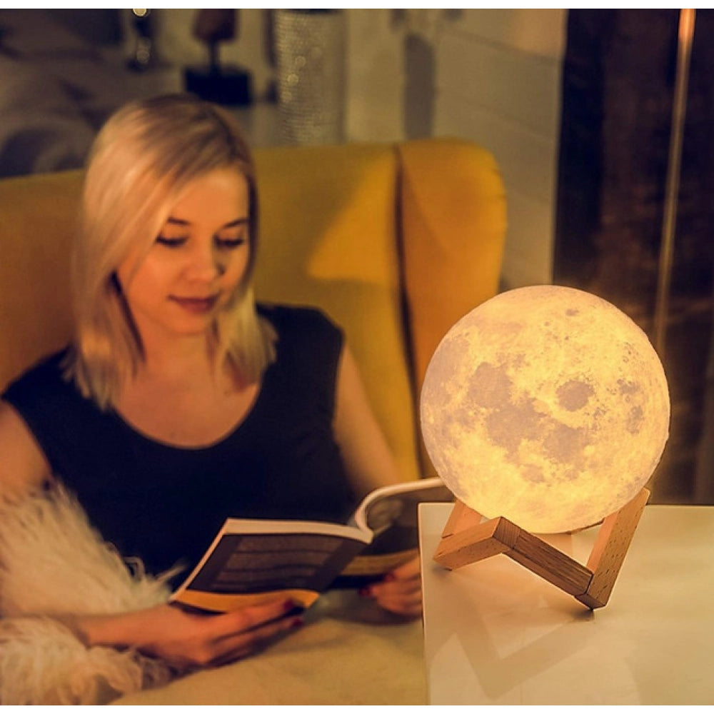 3D Moon Lamp with Wooden Stand – 7 Color Touch LED