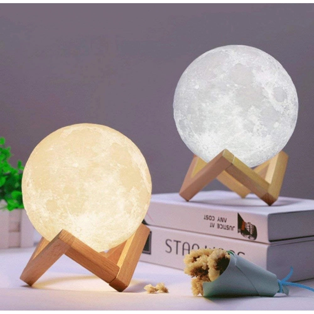 3D Moon Lamp with Wooden Stand – 7 Color Touch LED