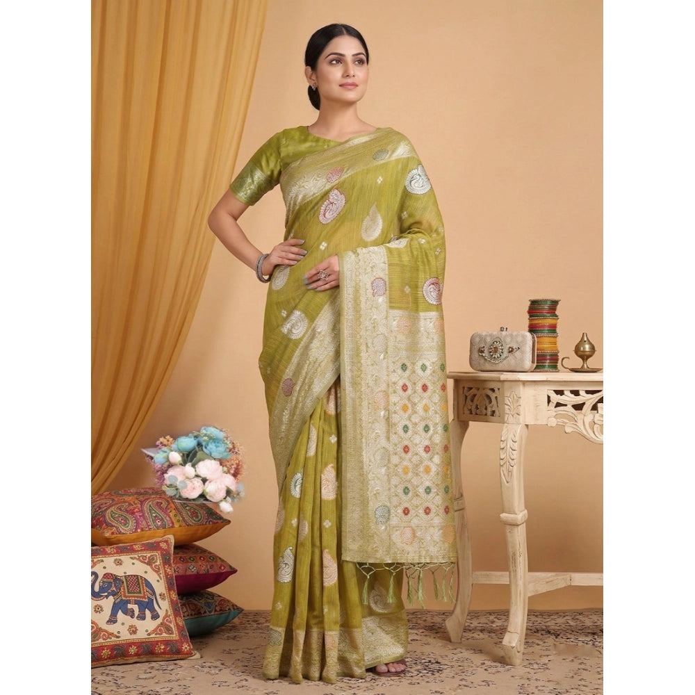 Women's Mustard Linen Cotton Printed Saree With Unstitched Blouse – 5.5 Mtr