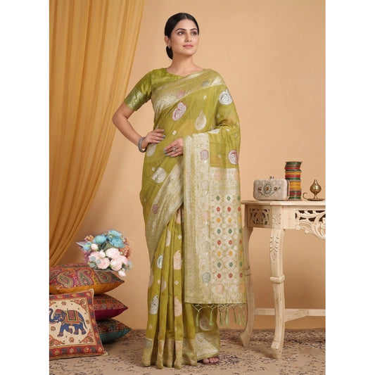 Women's Mustard Linen Cotton Printed Saree With Unstitched Blouse – 5.5 Mtr