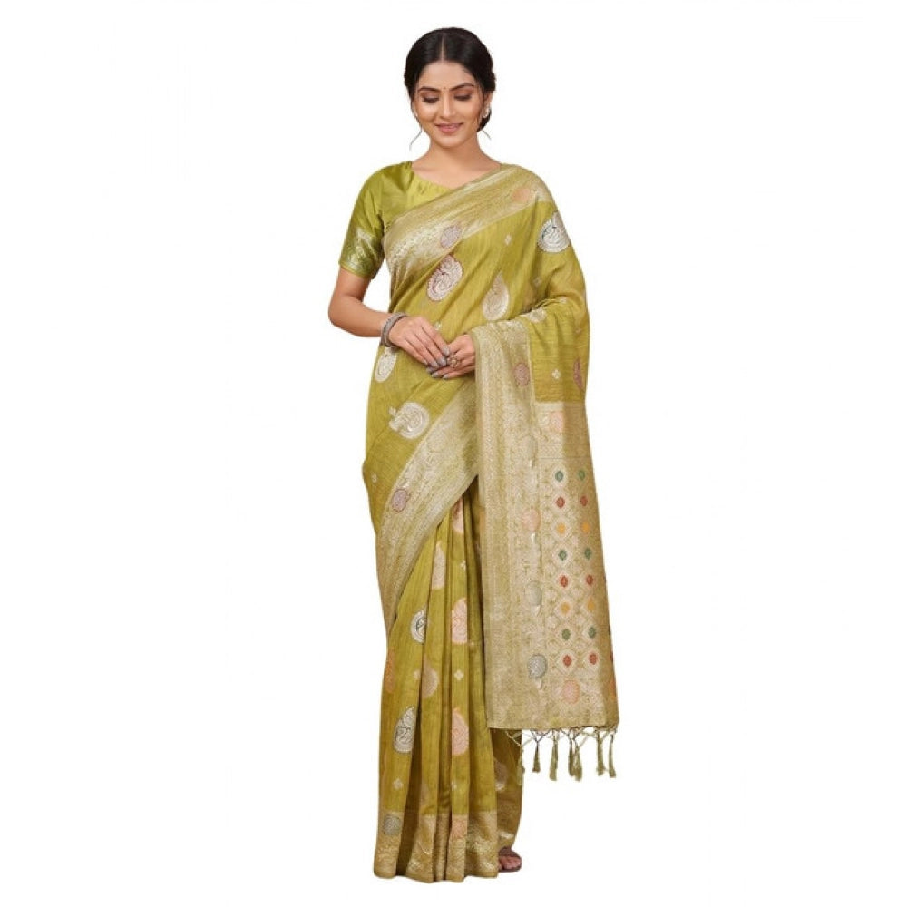 Women's Mustard Linen Cotton Printed Saree With Unstitched Blouse – 5.5 Mtr