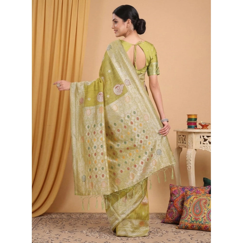 Women's Mustard Linen Cotton Printed Saree With Unstitched Blouse – 5.5 Mtr