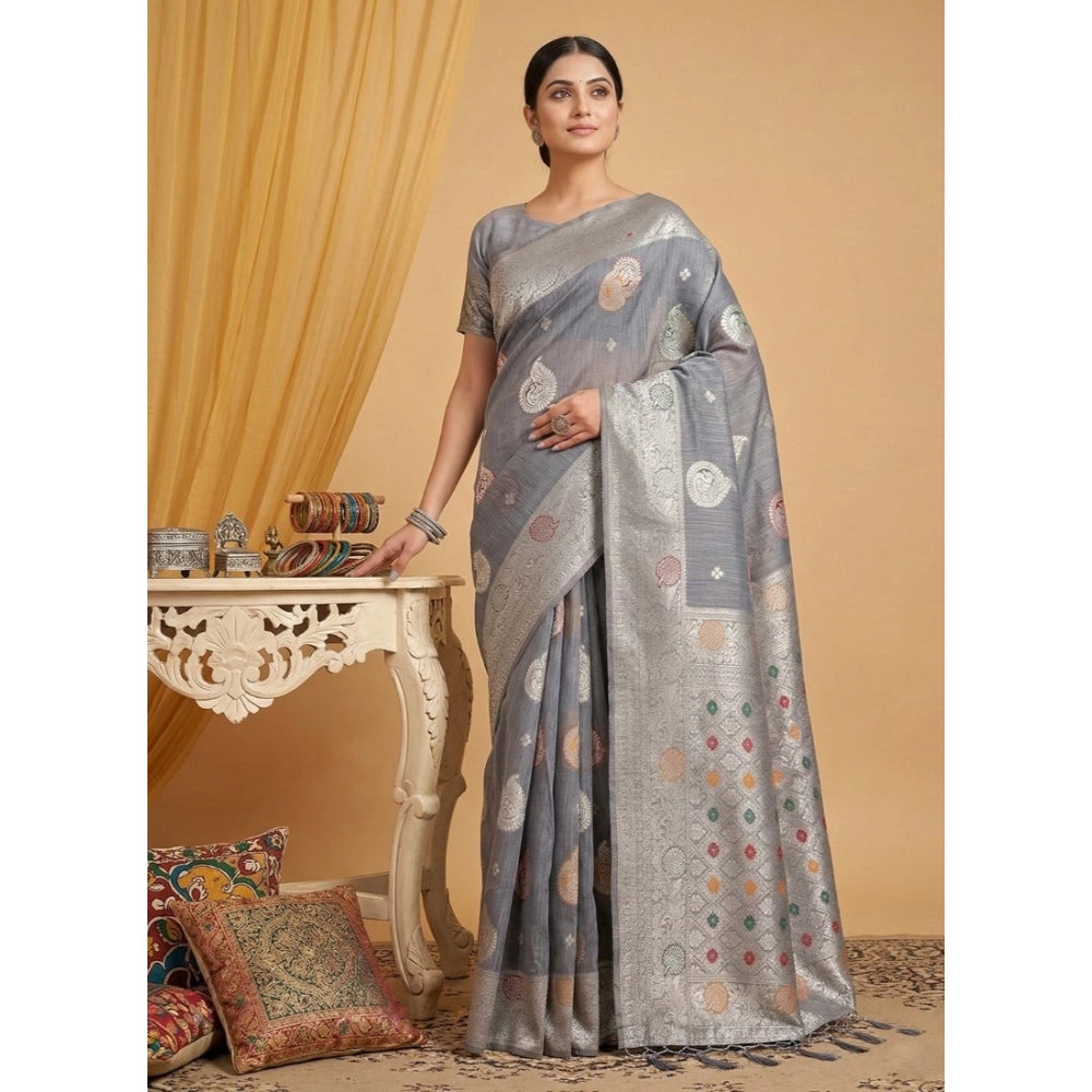 Women's Grey Linen Cotton Printed Saree With Unstitched Blouse – 5.5 Mtr