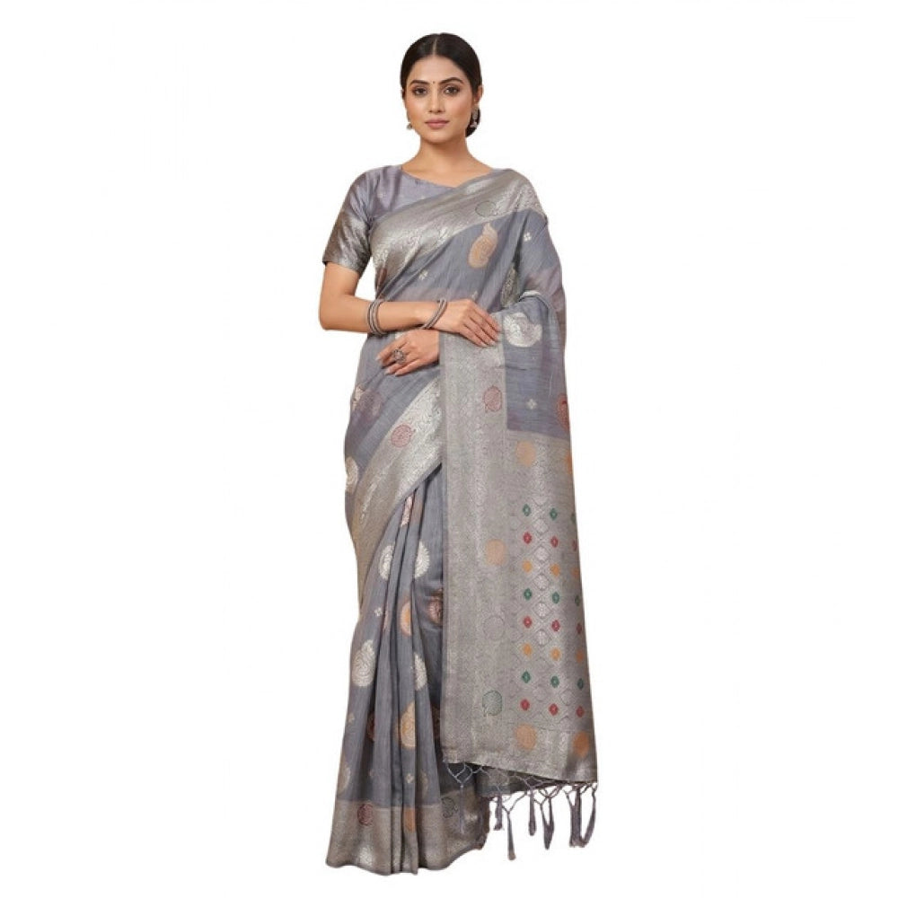 Women's Grey Linen Cotton Printed Saree With Unstitched Blouse – 5.5 Mtr