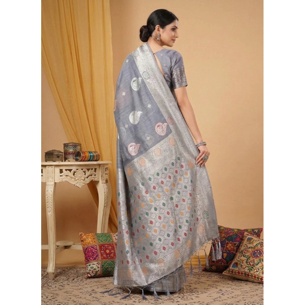 Women's Grey Linen Cotton Printed Saree With Unstitched Blouse – 5.5 Mtr