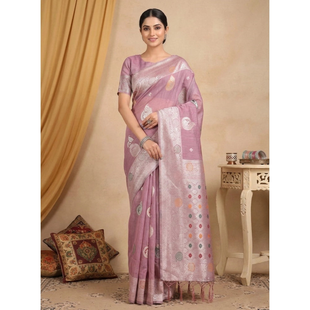 Women's Purple Linen Cotton Printed Saree With Unstitched Blouse – 5.5 Mtr