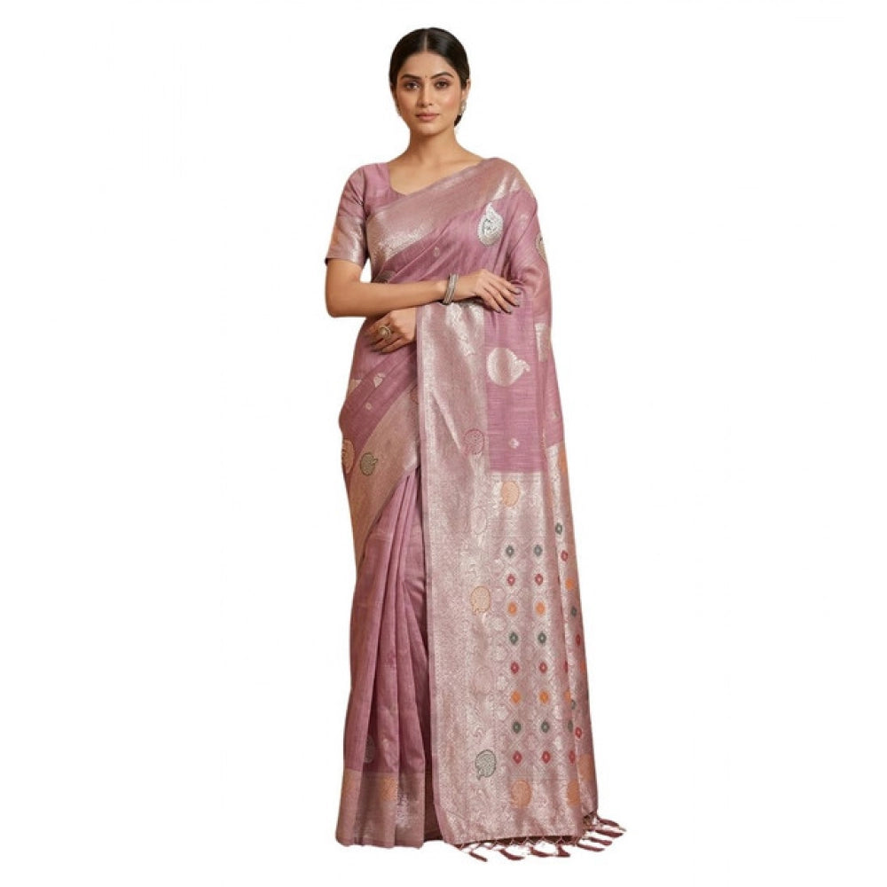 Women's Purple Linen Cotton Printed Saree With Unstitched Blouse – 5.5 Mtr